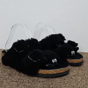 Birkenstock Arizona Shearling Black Buckle Cork Sandals Sz 40 9 Womens Mens 7